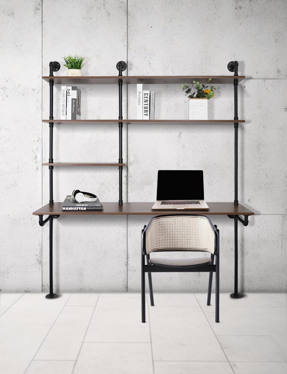 OLDRAINBOW Industrial Pipe Computer Desk with Shelves,Wall Mounted Laptop Desks for Small Spaces,59 inch Bookshelf Narrow Writing Desk with Floating Shelves