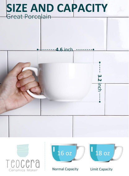Teocera 16oz Large Coffee Mugs Set of 4 - Thick White Porcelain Cups for Cappuccino, Latte, Tea & Hot Chocolate - Dishwasher Safe Ceramic with Comfort Grip Handles