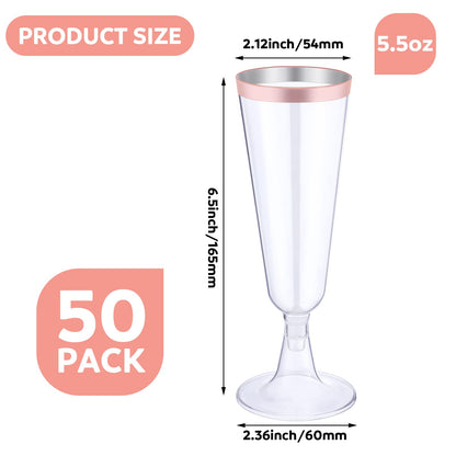 Thenshop 50 Pack Rose Gold Plastic Champagne Flutes 5.5 oz Elegant Clear Disposable Champagne Glasses Detachable Hard Toasting Glasses for Wedding Party Fancy Vino Cocktail Cups(Clear)