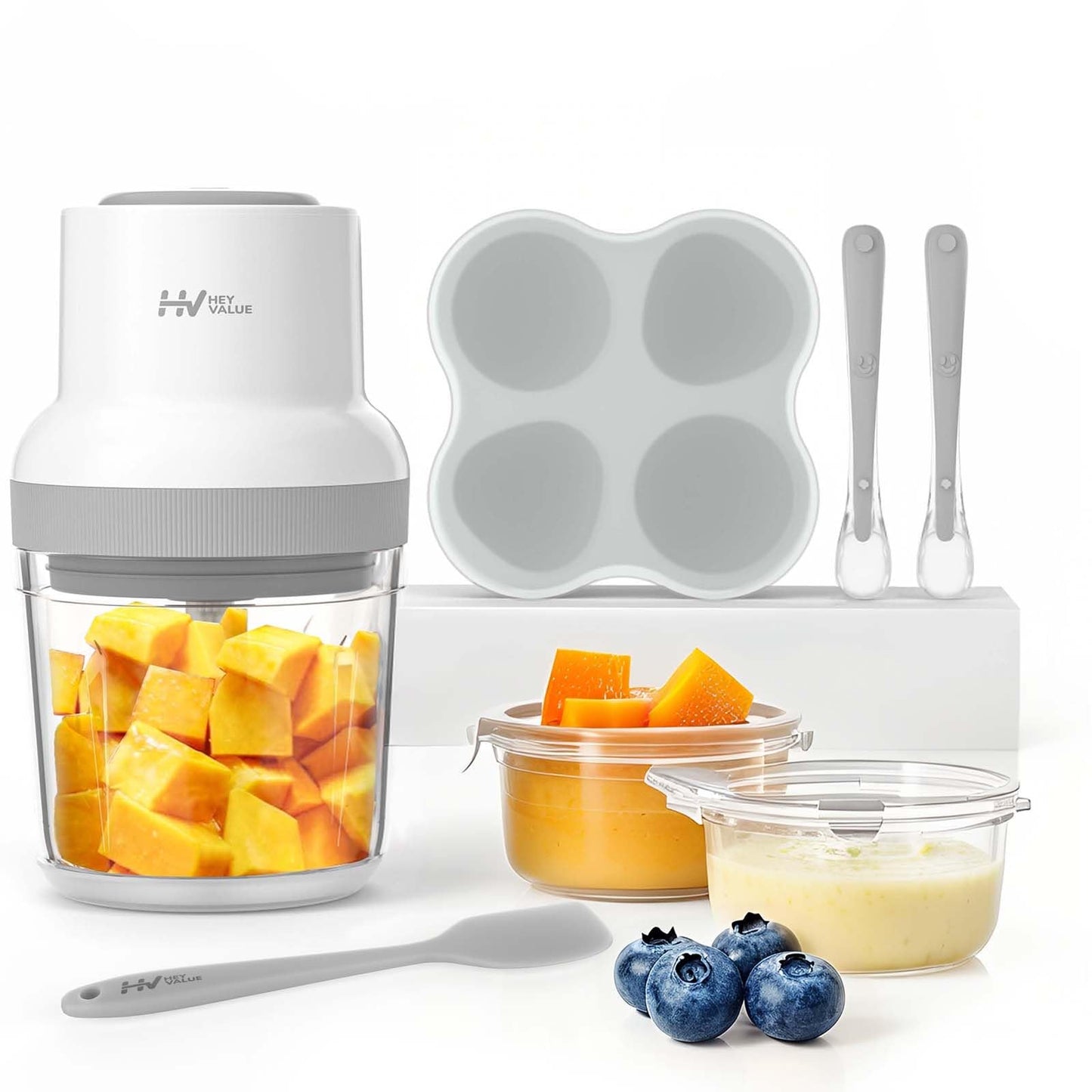 Baby Food Maker, HEYVALUE 13-in-1 Food Processor Set, Fruit, Vegatable, Meat, Baby Puree Blender with Baby Containers, Food Freezer Tray, Silicone Spoons, Spatula (Gray)