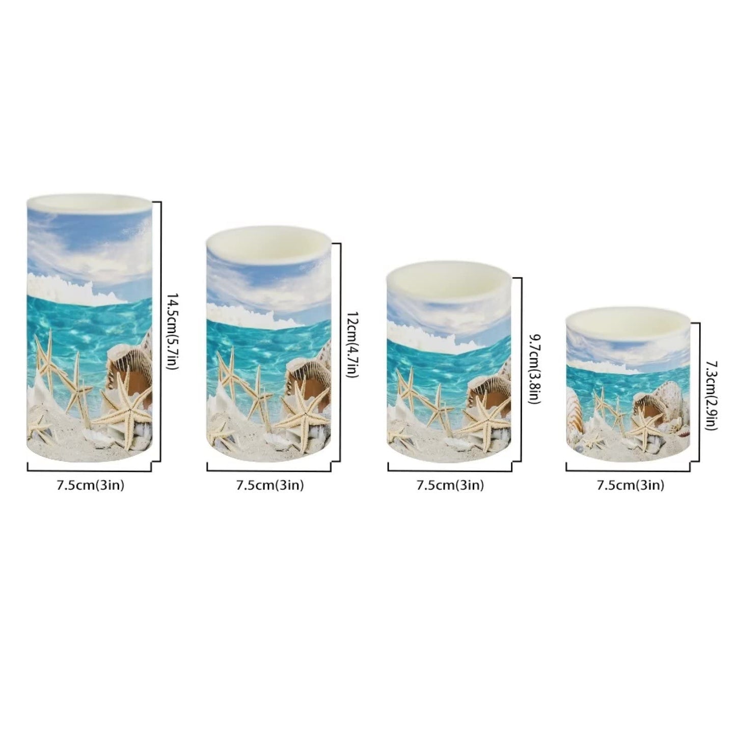 NETILGEN LED Flickering Candles Battery Operated Candles Set of 4 with Remote Control Timer Dancing Flame Pillar Candles Home Table Coastal Decoration, Beach Sky with Starfish