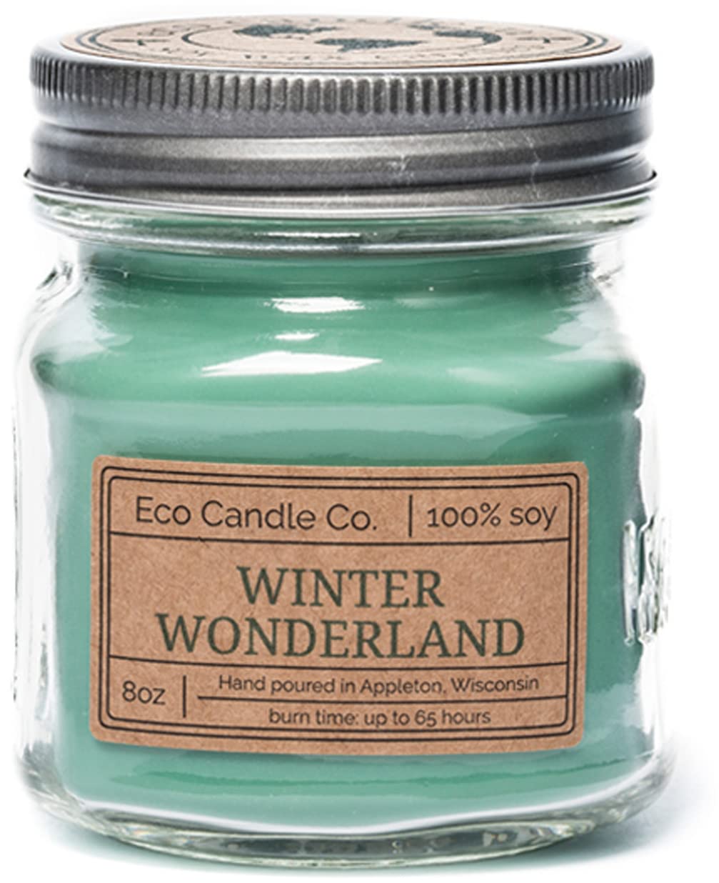 ECO CANDLE CO. Mason Jar Candle, Winter Wonderland, 8 oz. - Scents of Pine, Spruce, & Fir - 100% Soy Wax, No Lead, Kraft Label & Antiqued Pewter Lid, Hand Poured, Made from Midwest Grown Soybeans