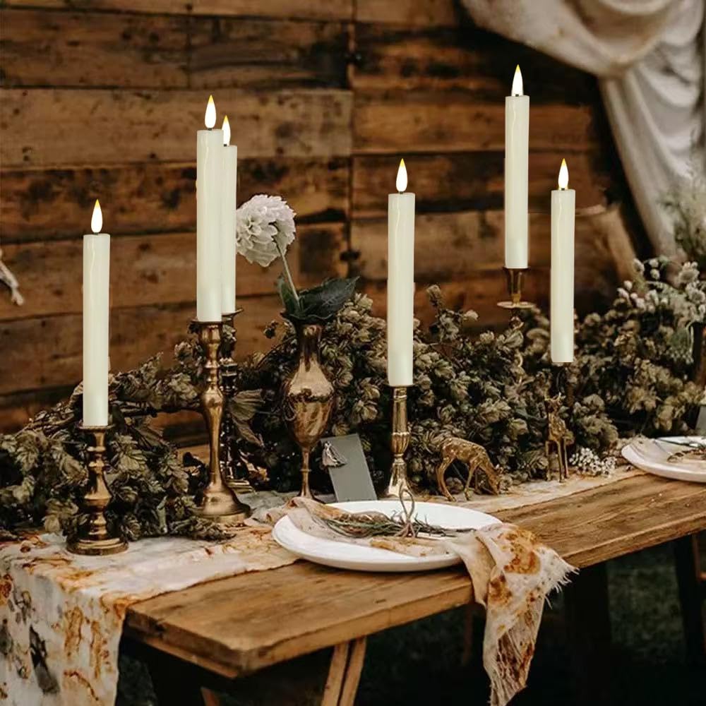 6Pcs Flameless Taper Candles with Remote Timer Dimmer, 8.9 inches Ivory Taper Candles Battery Operated, Plastic LED Candlesticks with Flickering Flame for Halloween Christmas Church Wedding