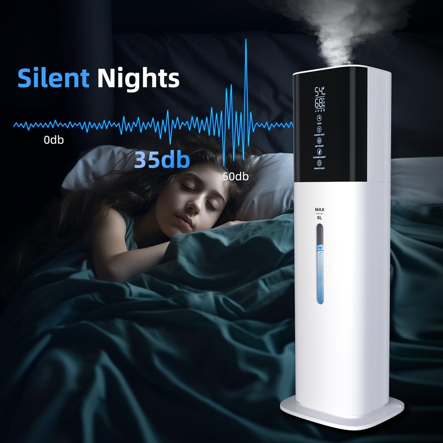 Humidifiers for Bedroom, 2.11Gal 8L Quiet Humidifiers for Large Room with Timer, 360°Nozzle, 3 Speed Ultrasonic Cool Mist Humidifier with Humidistat for Baby Home Adults Plants