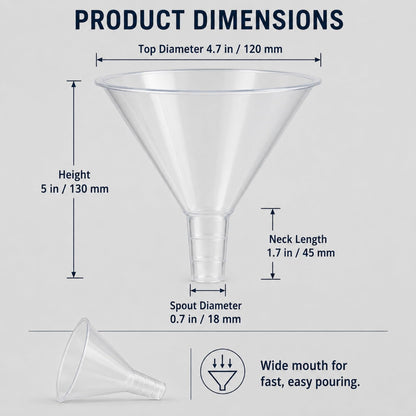 RHBLME 20 PCS Plastic Funnels Set, 4.7 Inch Wide Mouth Clear Plastic Funnels for Filling Bottles, Multipurpose Large Funnel with Long Reaching Spout, Water Bottle Funnel for Powder Liquid Spices