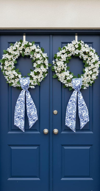 Skiennix Wreath Sash - Blue Floral Chinoiserie Decor | 55x5 Inch Ribbon for Indoor/Outdoor Use