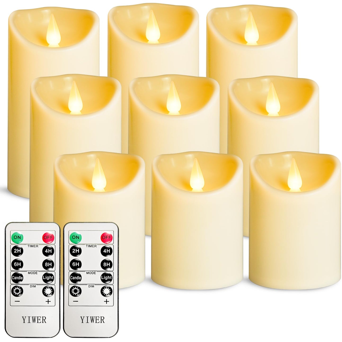 YIWER Plastic Flameless LED Candles,9PCS Battery Operated Candle with Remote Fake Electronic Flickering Light Large Pillar D3”H4”(10.2) 5”6”Durable Use