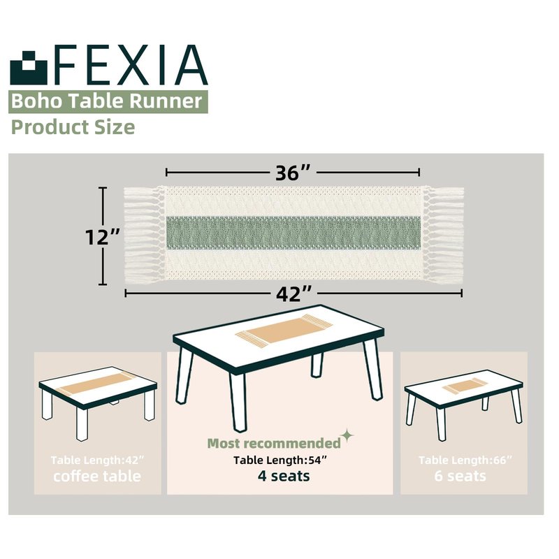 FEXIA Sage Green Table Runner 36 Inches Long with Tassels Boho Macrame Farmhouse Table Runners for Home Decor Party Bohemian Rustic Bridal Shower Dining Decorations(12x36 Inches)