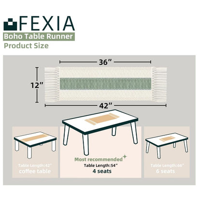 FEXIA Sage Green Table Runner 36 Inches Long with Tassels Boho Macrame Farmhouse Table Runners for Home Decor Party Bohemian Rustic Bridal Shower Dining Decorations(12x36 Inches)