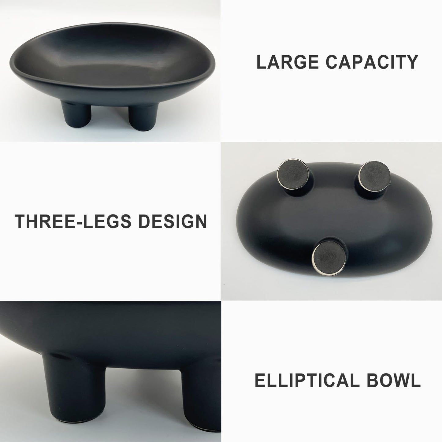 Samchilderlan Ceramic Fruit Bowl for Kitchen Counter, Three-Legs Decorative Bowl for Table Settings, Modern Fruit Bowl for Home Decor, 10inch Large Centerpiece Bowl for Breads Nuts (Black)