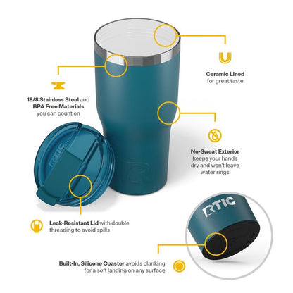 RTIC 20oz Essential Tumbler with Lid, Ceramic Lined, Insulated, Stainless Steel, Metal, Double Wall Vacuum-Insulation, Travel Cup for Iced Coffee, Tea, Hot and Cold Drink, Marine