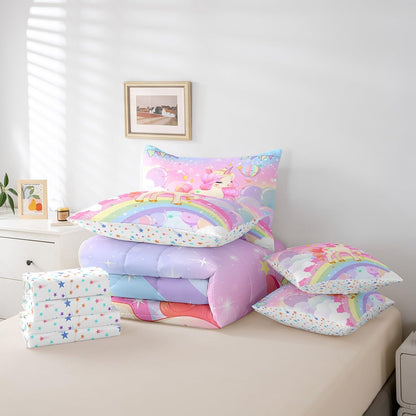 Feelyou Unicorn Girls Bed in a Bag Twin Rainbow Kids Pink Unicorn Comforter Set with Sheets Kawaii Cute Stars 7 Piece Bedding Set Teens Children Adults Cartoon Unicorn Room Decor All Season