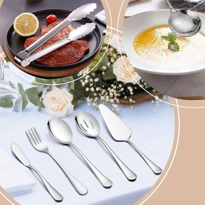 IAXSEE 12Pcs Silver Serving Utensils Stainless Steel Serving Spoon,Slotted Spoons Serving Forks,Serving Tongs Cake Server Dessert Spoon Serving Flatware Set Great for Parties Buffet Party
