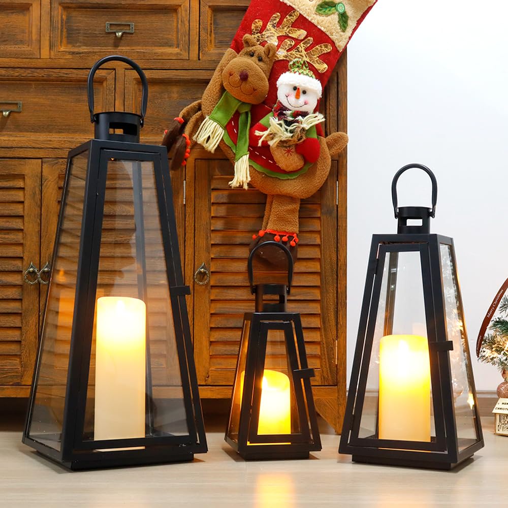 TRIROCKS Set of 3 Decorative Candle Lantern 11/16/21''H Metal Outdoor Candle Holder Hanging Lantern with Tempered Glass for Christmas Home Living Room Parties Event Indoors Outdoors (Black Triangle)