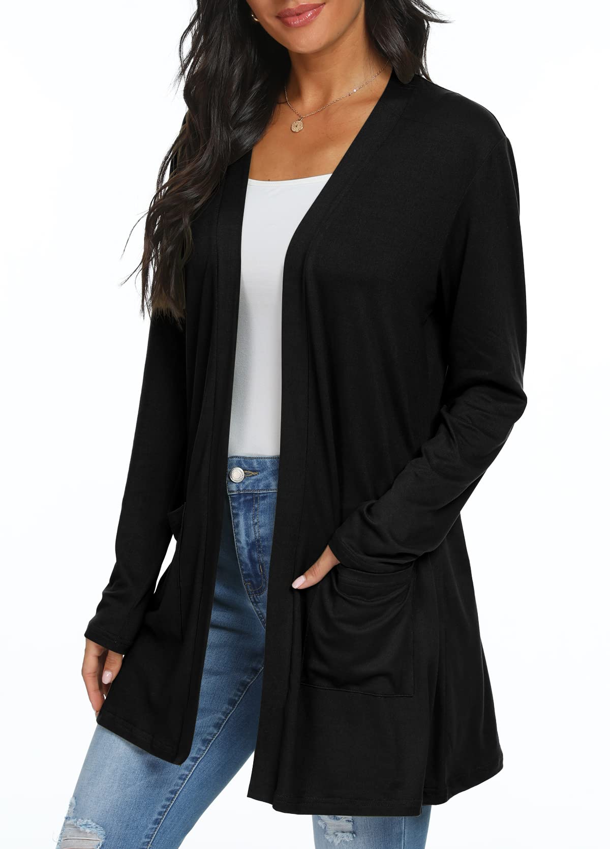 QIXING Womens Cardigan with Pocketes Long Sleeve Casual Lightweight Open Front Cardigan