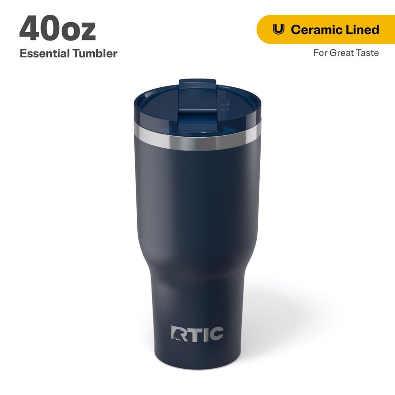RTIC 40oz Essential Tumbler with Lid, Ceramic Lined, Insulated, Stainless Steel, Metal, Double Wall Vacuum-Insulation, Travel Cup for Iced Coffee, Tea, Hot and Cold Drink, Navy