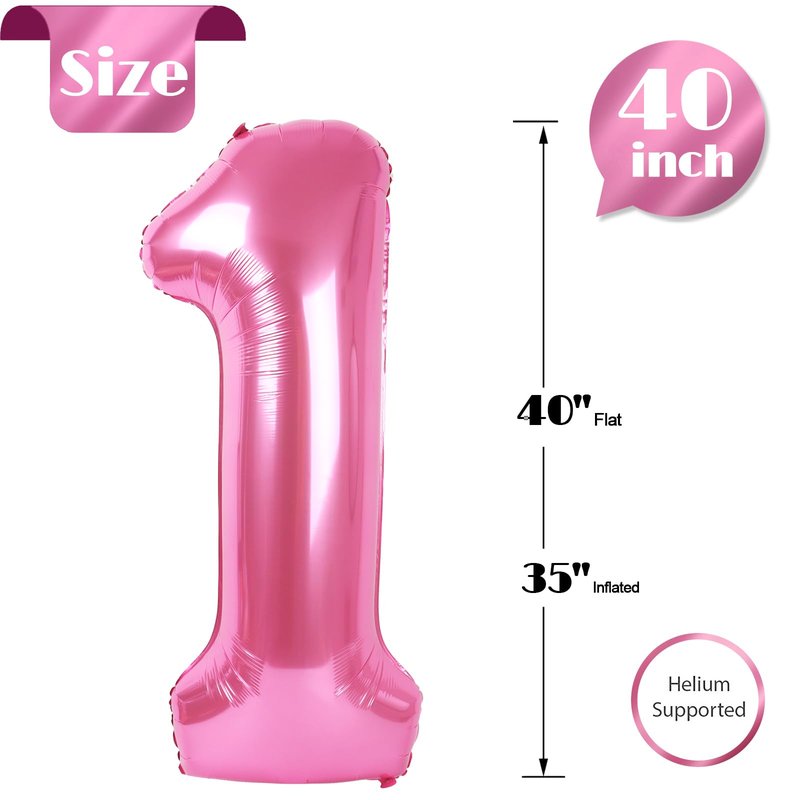 40 Inch Pink 1 Balloon for First Birthday, 1st Number Balloons Birthday Decorations for Girl Kids Toddler Baby, One Giant Number 1 Balloon