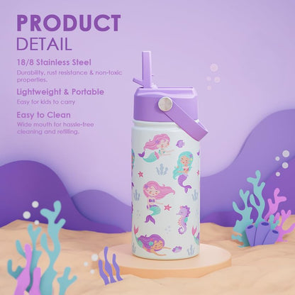 Mermaid Kids Water Bottle With Straw Lid 12oz Insulated Stainless Steel, Travel Tumbler, Gifts For Girls, Birthday, Christmas, Back To School
