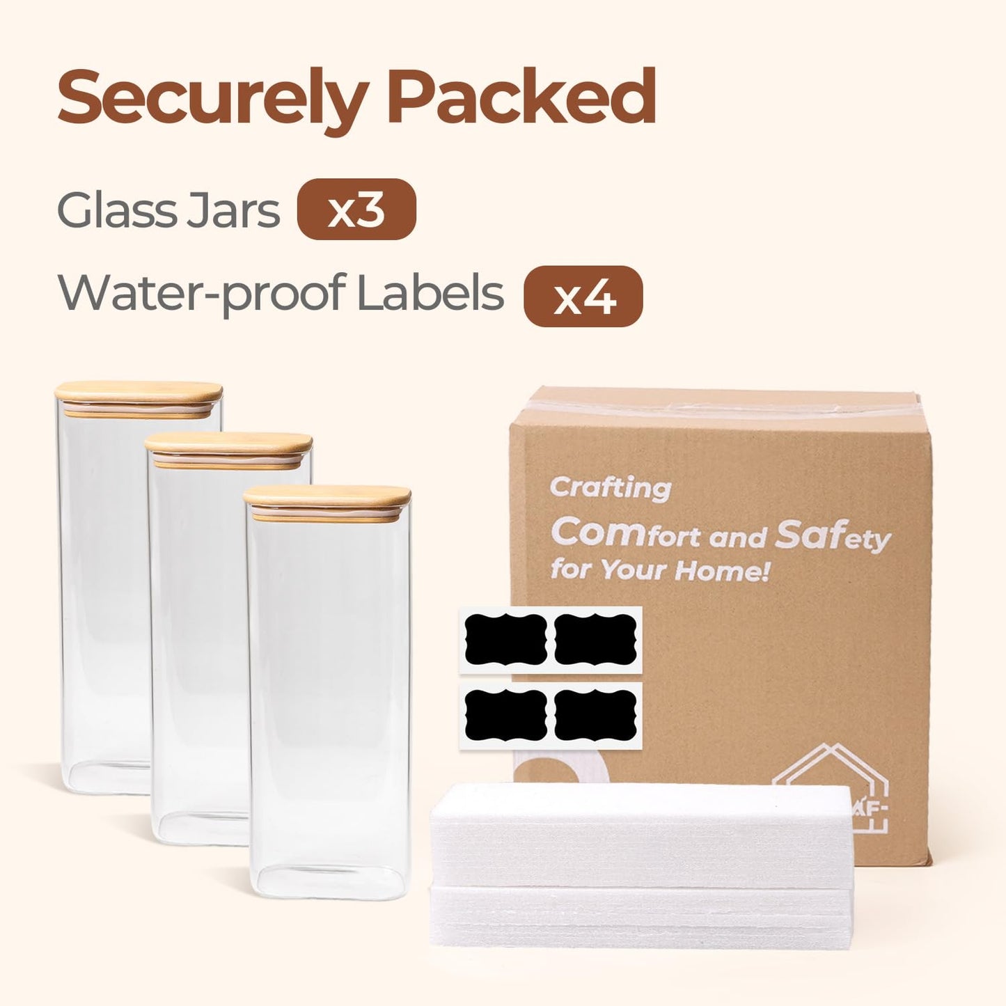 Comsaf Spice Jars with Label，8 oz Small Glass Jars with Lids, 6 Pcs Seasoning Containers, Rectangle Glass Containers with Lids, Empty Seasoning Jars for Pantry Storage, Loose Tea, Herbs, Powders, Salt