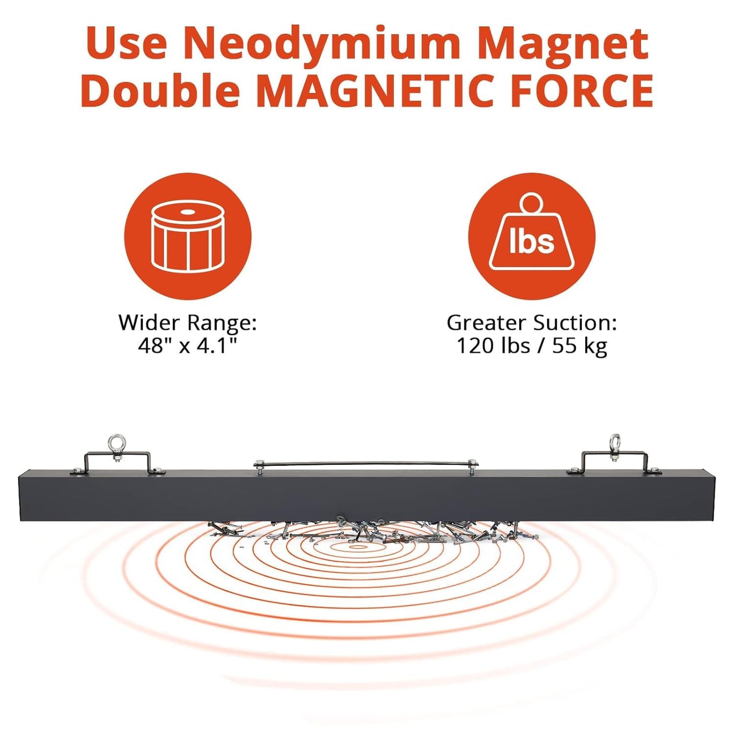 PioneerWorks 48 Inch Hanging Magnetic Sweeper, 120 LB Lifting Capacity Magnetic Nail Sweeper with Quick Release Lever, for Forklift Mounting on Construction Sites, Warehouses & Workshops