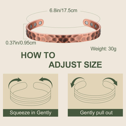 MagEnergy Copper Bracelet & Lymphatic Drainage Ring for Men and Women, Magnetic Hammered Pure Copper Bangle with 3500 Gauss Magnets, 6.8" Adjustable Copper Cuff Jewelry Gift