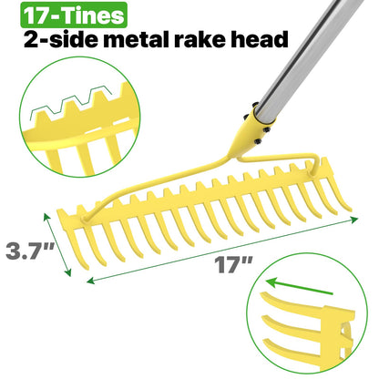 Garden Rakes for Lawns Heavy Duty, 6 FT Bow Rake for Leaves, 17-Tines Metal Rake with Stainless Steel Handle for Yard Leveling, Landscape, Loosening Soil, Yellow