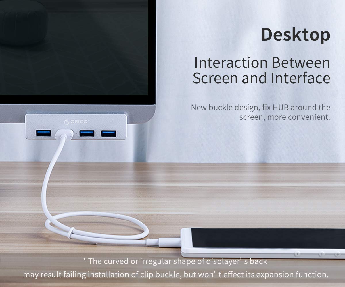ORICO USB 3.0 Hub, USB Hub Clamp, Aluminum 4-Port USB Splitter with Extra Power Supply Port and 4.92 FT USB Data Cable, Desktop Powered USB Hub for Monitors/Desks-Black (Without Power Adapter)