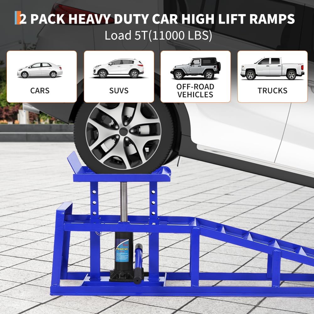 Hydraulic Car Ramps 2 Pack, 11000 Lbs Heavy Duty Steel Car Ramps with Hydraulic Jack, Adjustable Lift Height 9.8"-15", Auto Ramp for Oil Changes, Home Garage, Vehicle Truck Repair, Blue