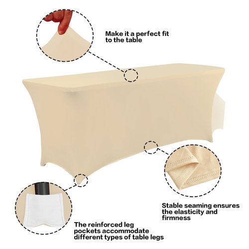 IVAPUPU 2 Pack 6FT Table Cloth for Rectangular Fitted Events Stretch Champagne Table Covers Washable Spandex Tablecloth Protector for Party, Wedding, Cocktail, Banquet, Festival