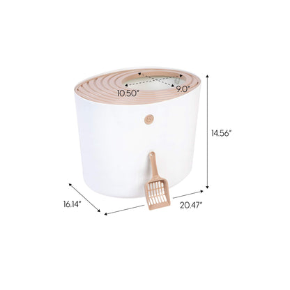 IRIS USA Cat Litter Box, Large Top Entry with Litter Catching Lid and Scoop, Dog Proof, Cat Box Enclosure, Beige/White