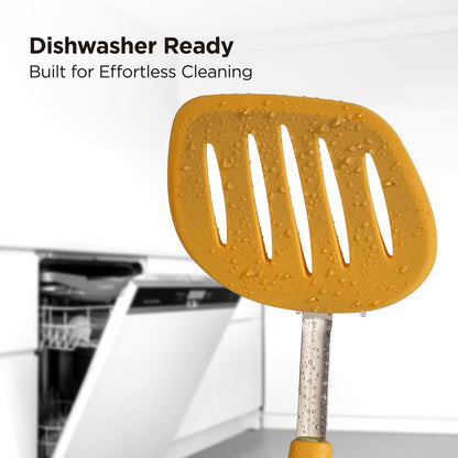 Kitchen Mama WaltzGrip Platinum Silicone Pancake Spatula Turner: Heat-Resistant, Slotted Tapered Head, Stainless Steel Core, Durable, Dishwasher-Safe, Ideal for Flipping and Wok Use (Yellow)
