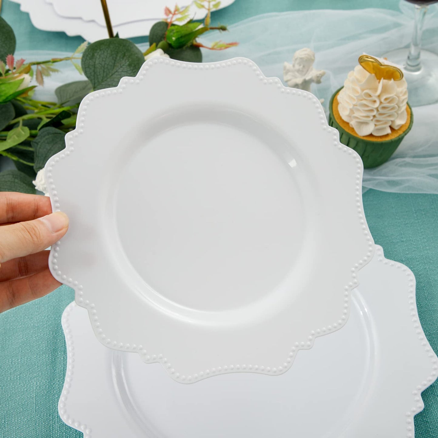 COLOSUS 60pcs White Disposable Plastic Plates-Heavy duty plate for party/wedding/anniversary 30 dinner plates and 30 dessert/salad plates