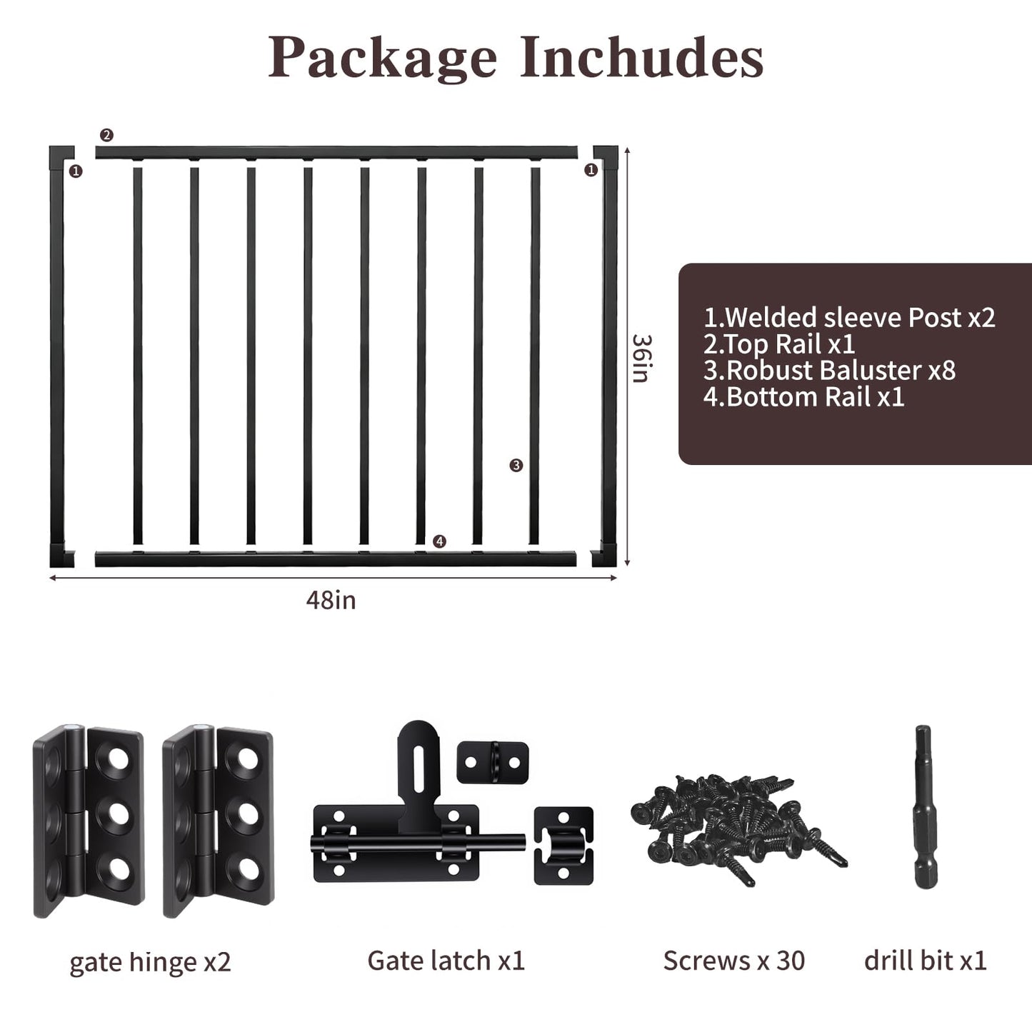 Outdoor Deck Gate Kit, 36" H x 48" W Heavy Duty Fence Gate Kit with Gate Hinges and Latch, Weatherproof Anti-Rust Metal Gate for Decks, Railings,Patios, Gardens, Yards(36" H)