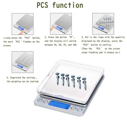 Small Digital Scale,3kg/0.1g,6.6lb,Kitchen Scale,Food Scale,with Blue Backlit LCD Display, 6 Units, Auto Off, Tare, PCS Function, Stainless Steel, Battery Included,Soft Tape Included(150cm)