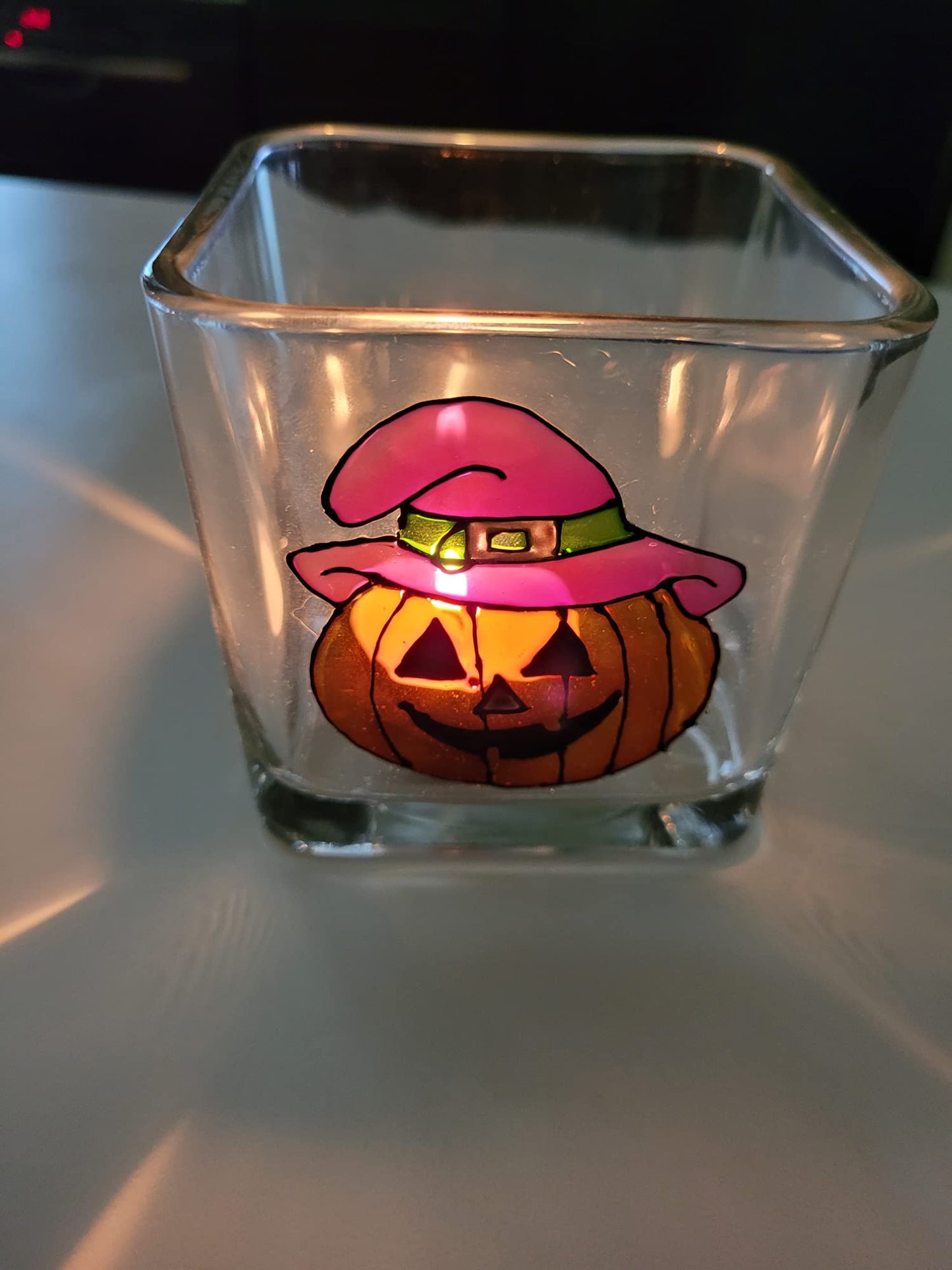 Orange Halloween Pumpkin Hand Painted Stained Glass Square Jack O Lantern Candle Holder
