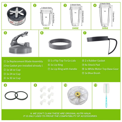 14 PCS Blender Extractor Blade and Cups for NutriBullet 600w and 900w Series, Replacement Parts Gasket Shock Pad and Gear(1 Blade, 3 Cups,1 Lids)