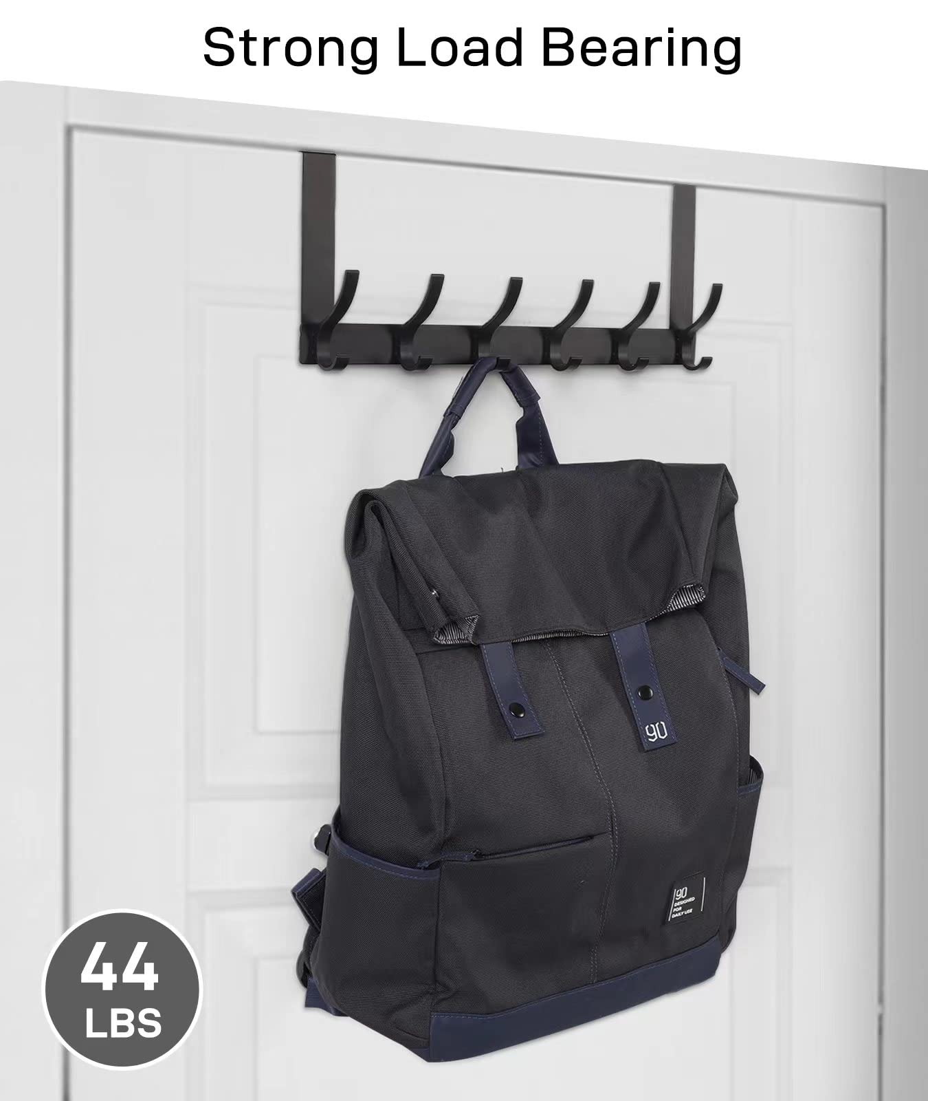 Optish Over The Door Hooks, Door Hanger Hooks for Hanging, Over The Doors Towel Racks for Bathroom with 12 Coat Hook, Coat Rack Dorm Essentials Bathroom Accessories（1 Pack, Black）