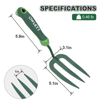 Owlett Garden Hand Fork, Carbon Steel Weeder Fork with Rubber Ergonomic Handle, Rust Resistant Small Garden Fork for Uprooting Weed, Digging, Planting, Loosening Soil, Cultivating