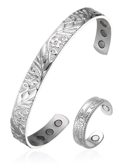 BioMag Lymphatic Drainage Ring & Copper Bracelet, 99.99% Pure Copper Magnetic Bracelet & Ring with Built-in 3500 Gauss Magnets, Adjustable Size,Floral Branch and Leaf Pattern