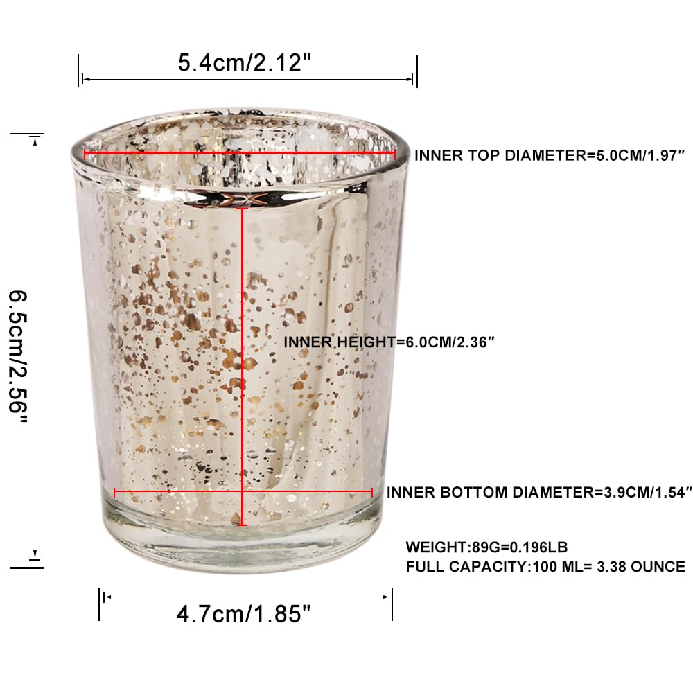 BTGLLAS Silver Mercury Glass Tea Light Holders Set of 36 - Elegant Votive Candle Holders for Weddings, Showers and Home Decor - Perfect for Table Centerpieces and Parties (Glass, Silver)
