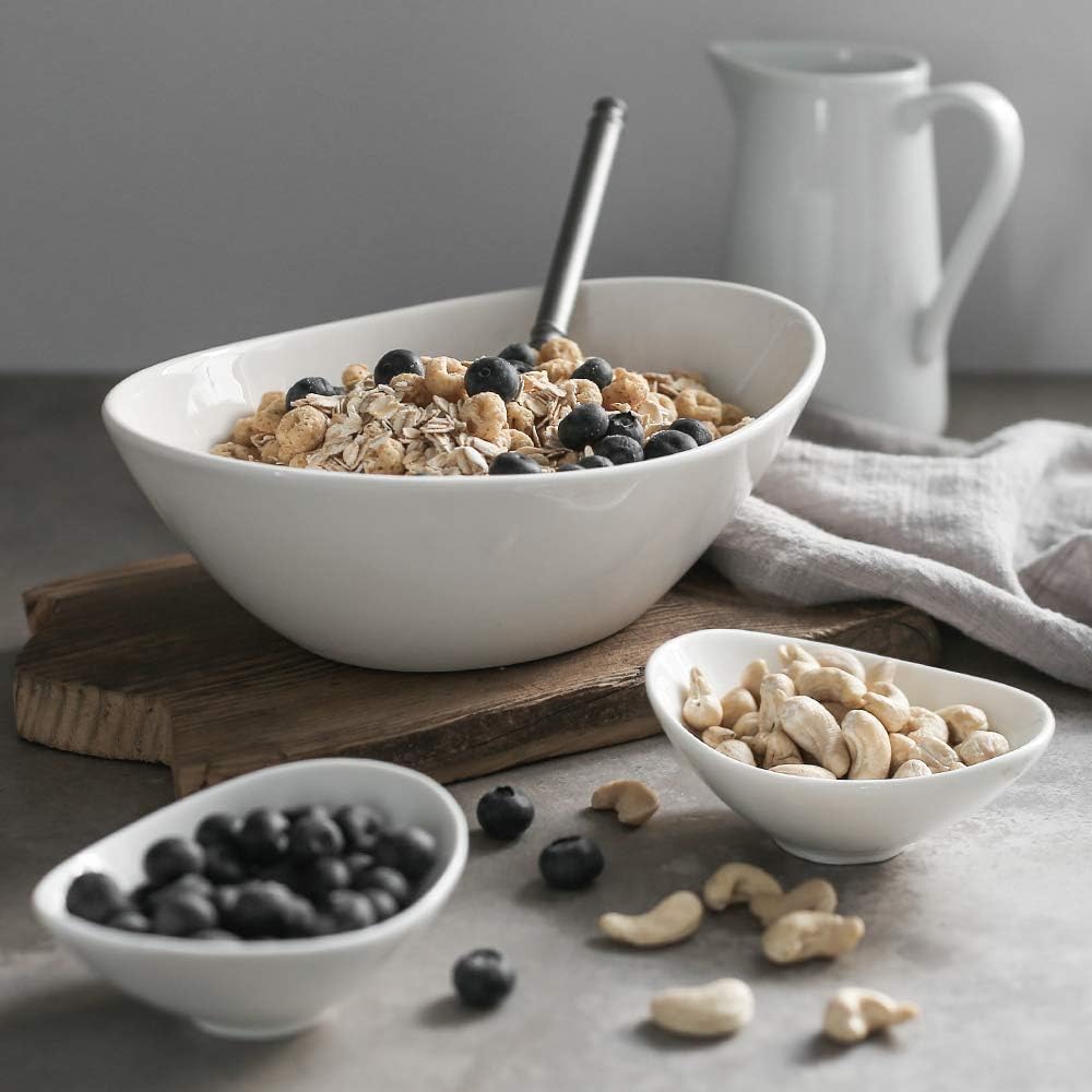 DOWAN 9.25" Serving Bowls, Large Oval Serving Dishes for Wedding and Dinner Parties, 35 Oz for Salad, Side Dishes, Pasta, Oval Shape, Microwave & Dishwasher Safe, Set of 4, Soft White