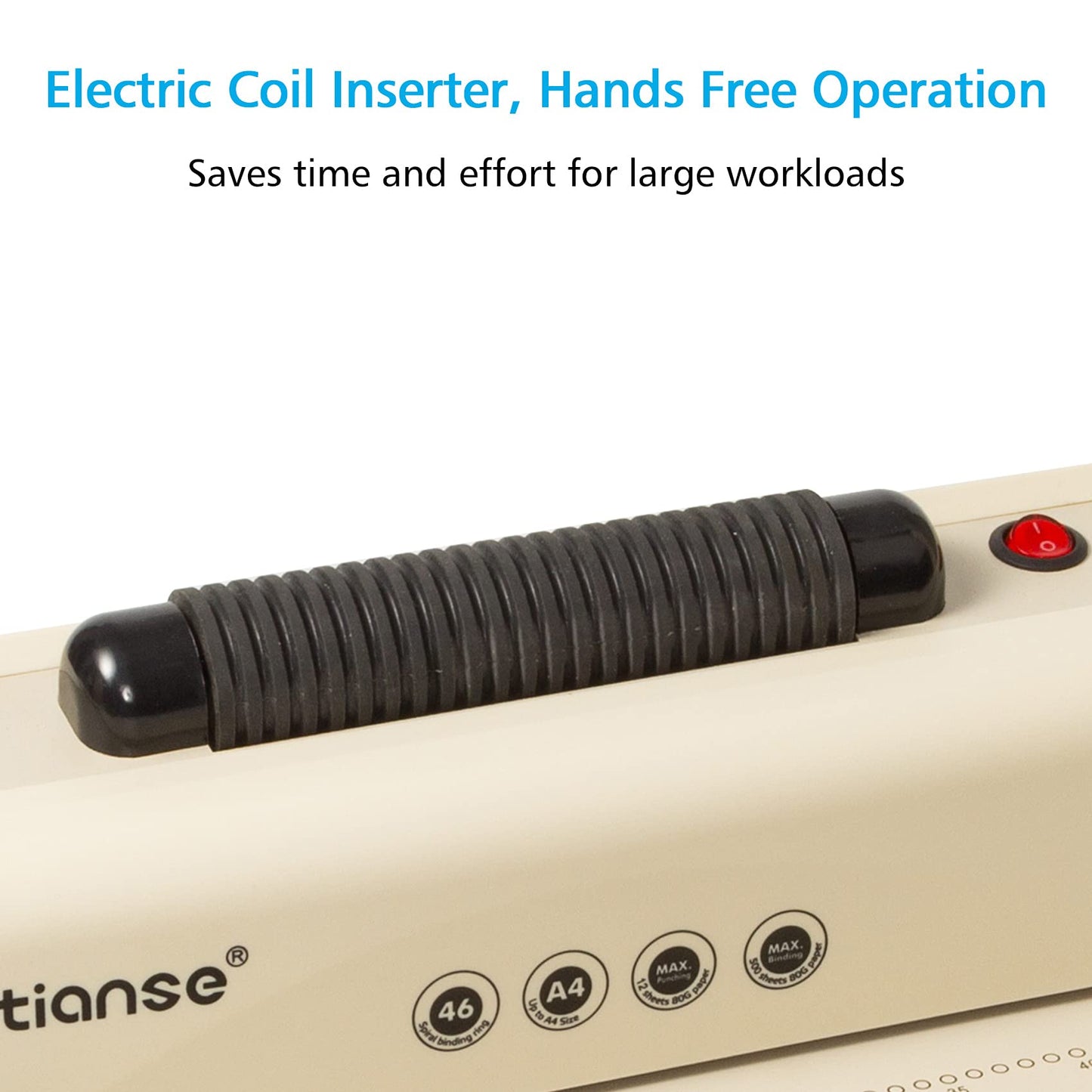 TIANSE Binding Machine - Electric Coil Inserter for Professional Binding, 12-Sheet Punch, for Letter/A4/A5 & Plastic/Metal Coils, with 100 Coil Spines & Pliers for Home, Office, School, DIY