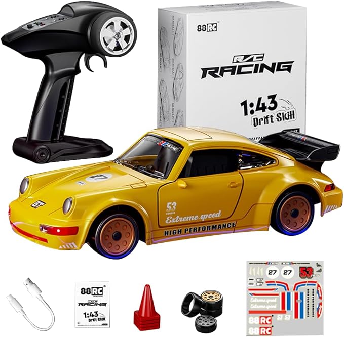 911 Series RC Drift Car 1:43 Scale Mini Model with Alloy Build – Door-Opening Function Gyro Auto Calibration LED Underglow for Hobbyists &amp Collectors（Yellow）
