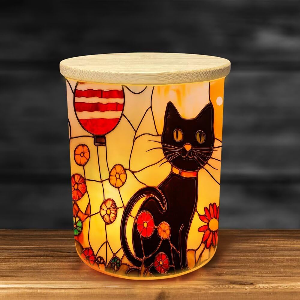 Stained Glass Black Cats Tea Light Candle Holders,Balloons Tealight Candle Holder Jar with Wooden Lid, Floral Votive Candlesticks for Table Centerpieces, Christmas,Birthday Party,Home Decor