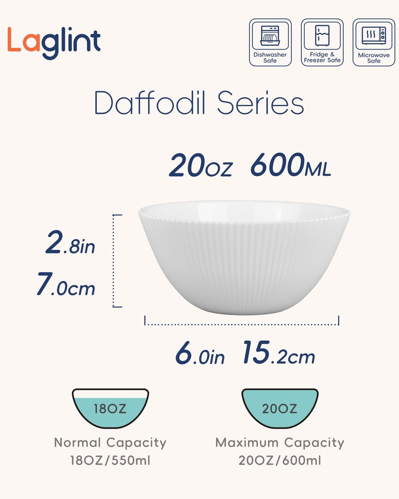 LaGlint 20 OZ Max White Opal Glass Cereal Bowl Set of 6, 6 inch Dishwasher & Microwave Safe Round Ribbed Bowls for Kitchen, Salad, Soup and Rice