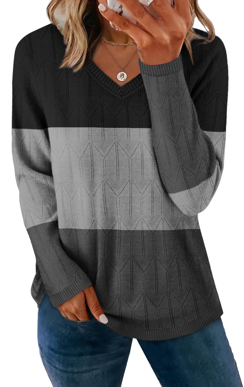 OFEEFAN Womens Sweaters Long Sleeve Shirts Fall Outfits 2025 V Neck Soft Knit Pullover Trendy Tops Dressy Casual Blouses