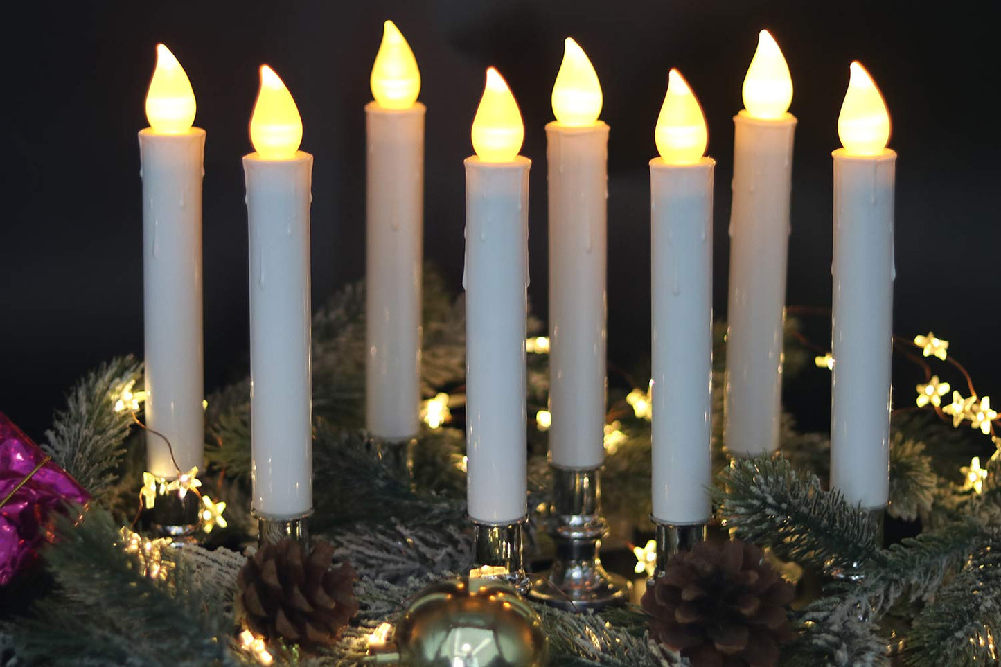 DRomance 9" Flameless Window Taper Candles Battery Operated with 8-Key Remote and Timer, 4 Pack White Christmas Holdiay Window Candles with Silver Holders, Suction Cups and AA Batteries Included