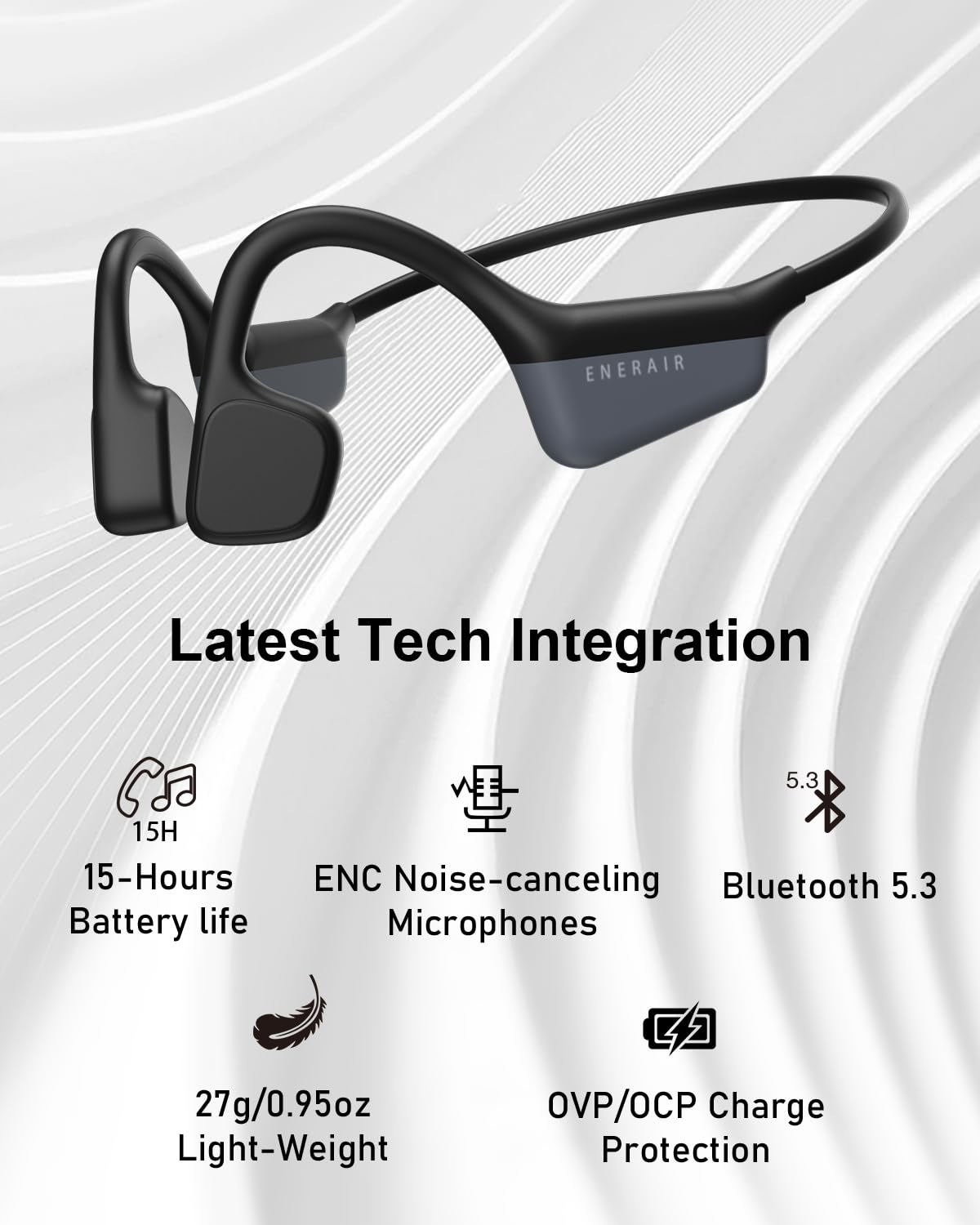 Enerair Bone Conduction Headphones, IPX6 Waterproof Open Ear Headphones 14H Playtime Bluetooth 5.3 Wireless Headset Sport with Mic Sweatproof for Running, Cycling