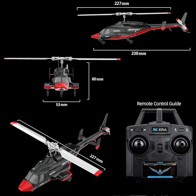 A61 Airwolf Remote Controlled Helicopter Aircraft Plane 4CH RC Heli Aileronless 1/42 Scale 6-Axis Gyroscope Altitude Hovering Optical Flow Position 2Batteries for Adults Beginners/Black red