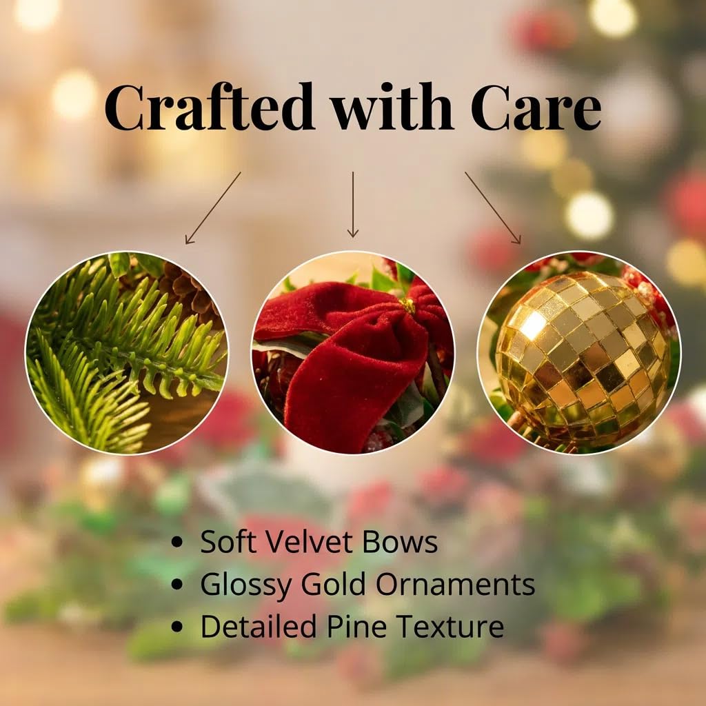 MOYEE Winter Christmas Candle Holder Centerpieces for Tables,Candle Ring, Black Metal Candlestick with an Artificial Wreath 14 in Versatile Dining Table Centrepiece (Red Bow Pinecone Wreath)